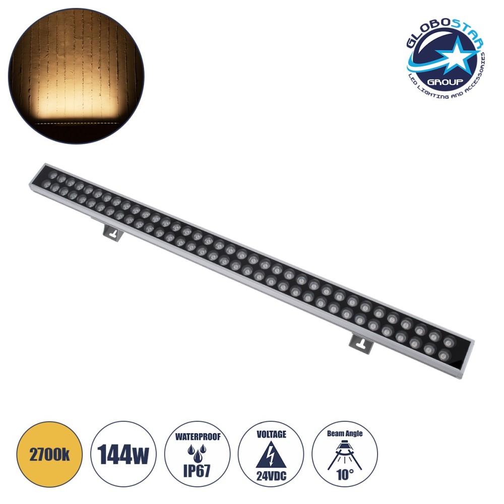 GLOBOSTAR® WASHERGAIA 90215 Μπάρα Φωτισμού Wall Washer LED 144W 15120lm 10° DC 24V Αδιάβροχο IP67 Θερμό Λευκό 2700K Dimmable - Bridgelux SMD Chip - Ασημί - Μ100 x Π7.3 x Υ4.3cm - 3 Χρόνια Εγγύηση